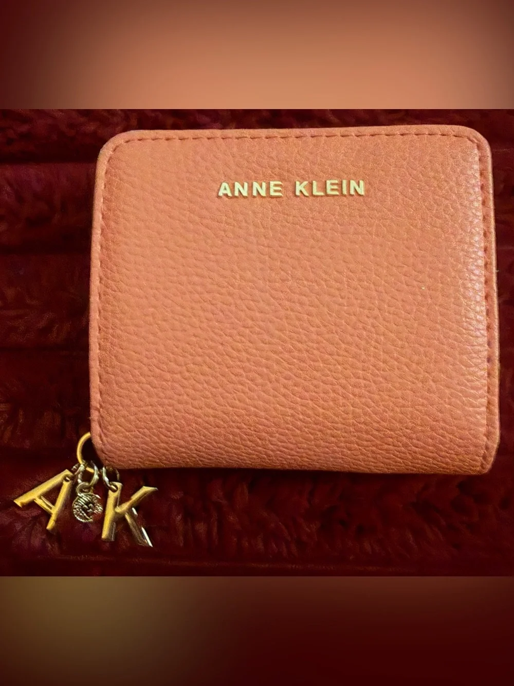 Anne Klein Peach Pebbled Leather Zip Wallet with Gold Logo